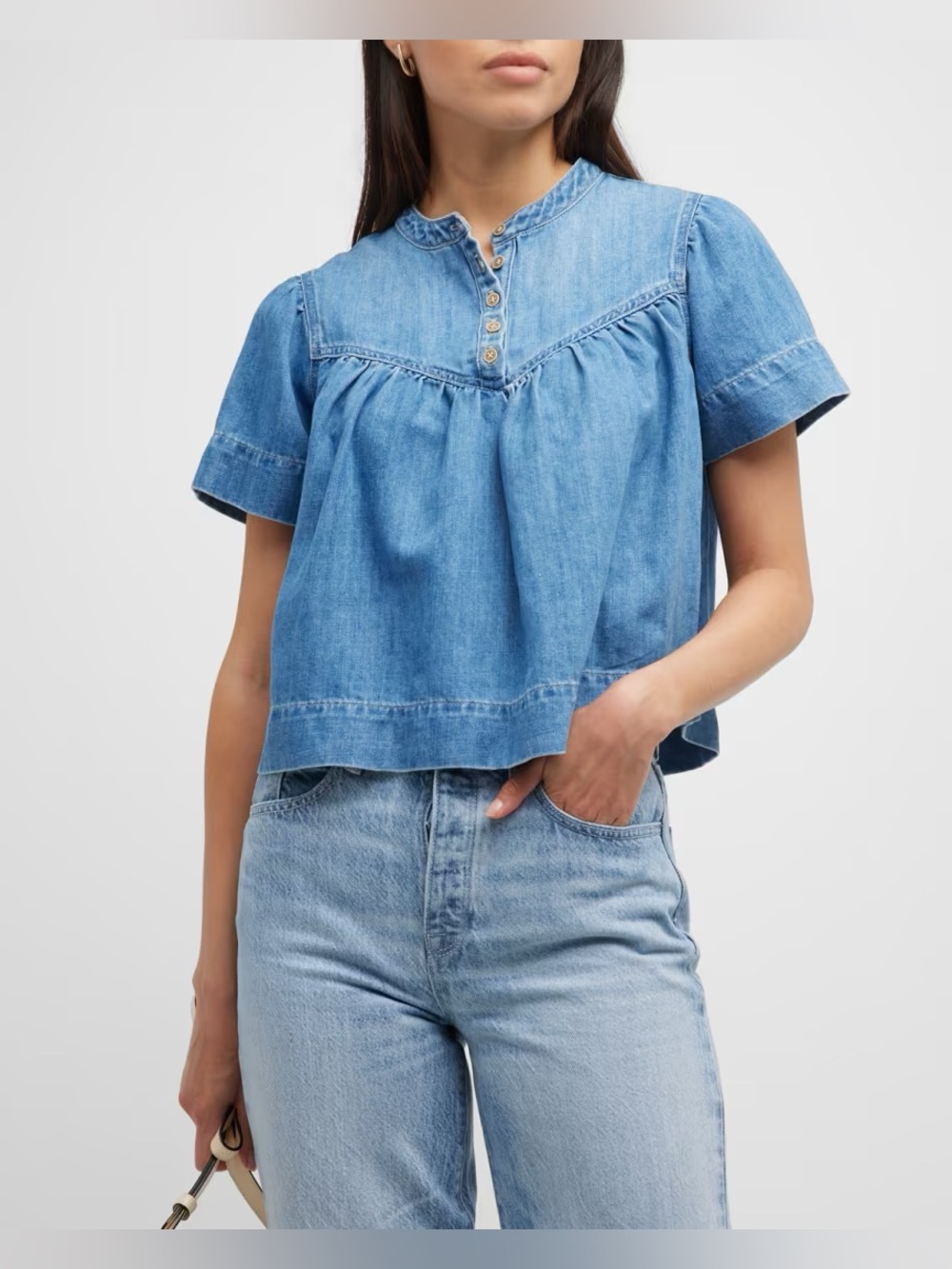 ee:some Los Angeles Denim Babydoll Top Short Sleeve Blue Small
